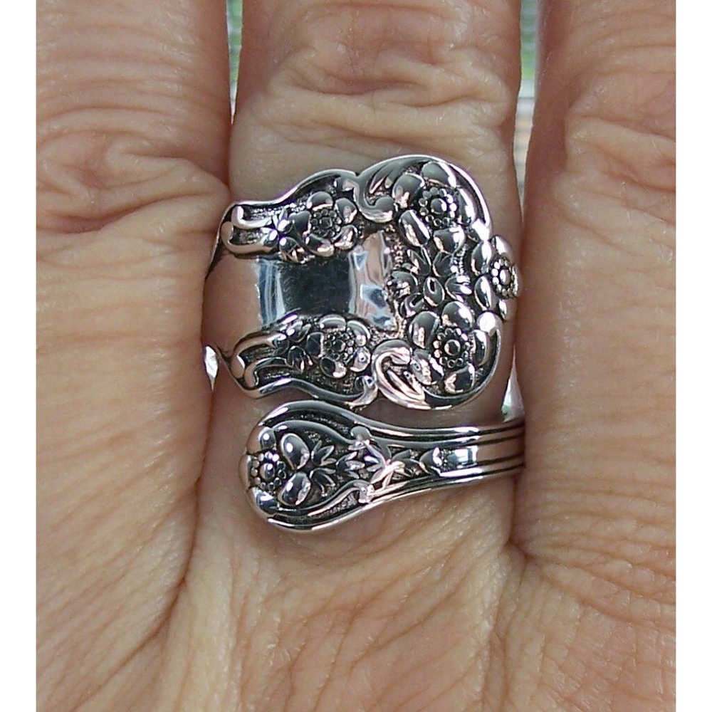 925 STERLING SILVER Vintage Style Flowers Spoon Ring - Picture 3 of 15